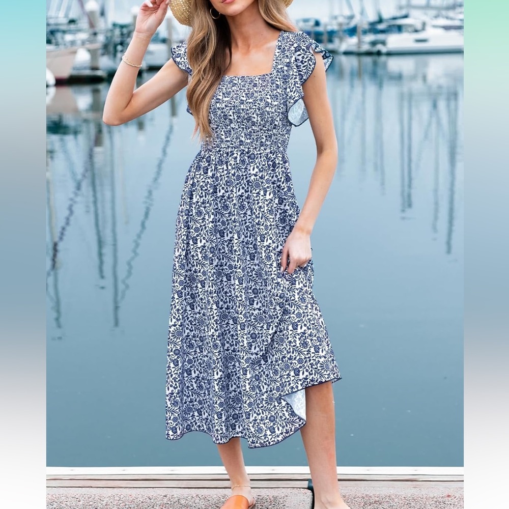 Cupshe Blue and White Sleeveless Sundress with Square Neck
